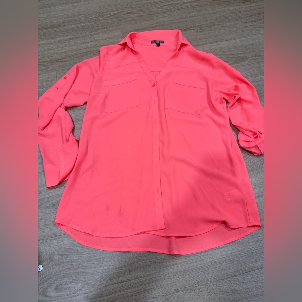 Express Neon Coral Button-Front Blouse